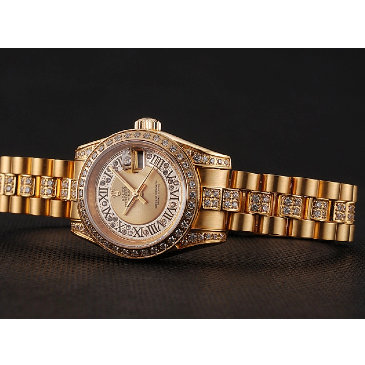 Aaa replica Rolex DayJust Pave Diamond Dial Gold Diamond 1453953 Gold Bracelet Swiss 0705